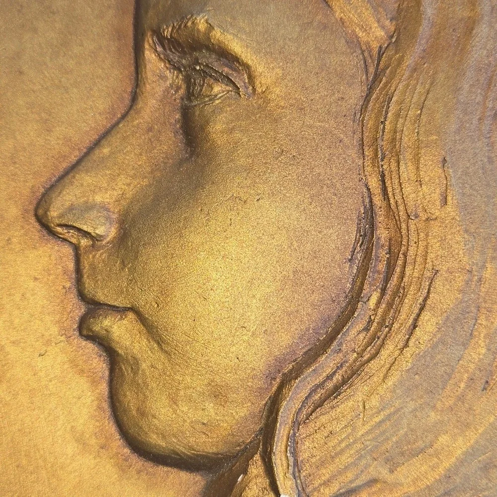 Vintage Art Nouveau Gold Chalkware Woman Profile Round Wall Plaque Relief 9.5 in